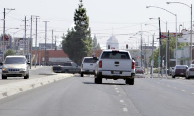 Traffic on Blackstone Avenue with Downtown Fresno in Distance