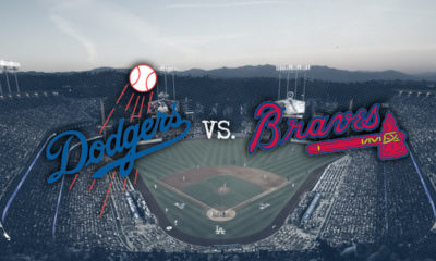Photo of Dodgers Stadium and superimposed LA and Braves logos