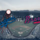 Photo of Dodgers Stadium and superimposed LA and Braves logos