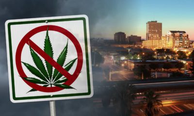 Photo combination of Fresno skyline and "No Marijuana" sign