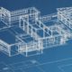 Image of blueprints for a school on a blue background