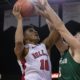 Photo of Fresno State freshman forward Orlando Robinson launching an inside shot