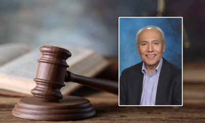 Portrait of Fresno attorney Victor Salazar set into a courtroom scene