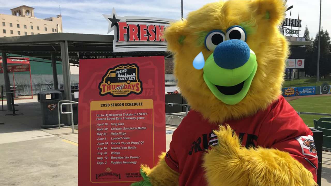 A tear flows from the eye of Parker, the Fresno Grizzlies mascot, over the cancellation of the 2020 minor league baseball season